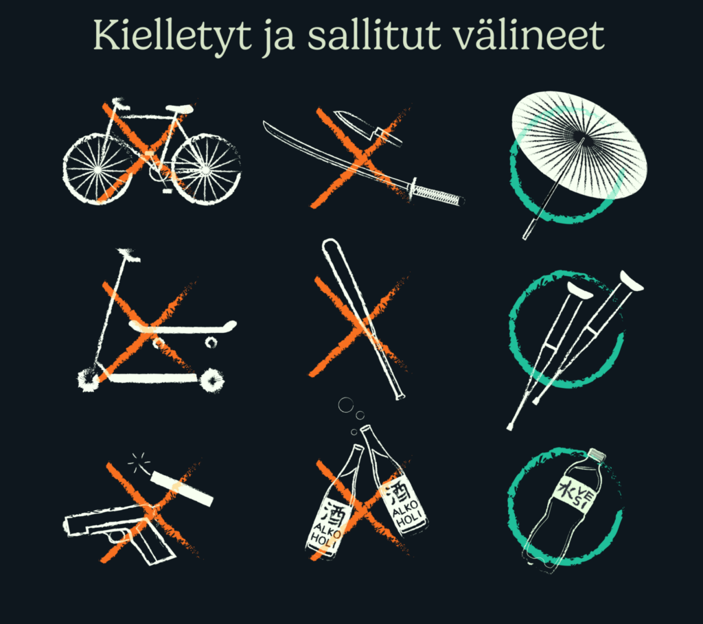 Kielletyt ja sallitut välineet. Kielletyt. polkupyörät, skeittilaudat ja potkulaudat, aseet ja räjähteet, teräaseet kuten miekat, pesäpallomailat ja alkoholi. Sallitut sateenvarjot, apuvälineet kuten kävelykepit ja vesi ja muut alkoholittomat juomat.